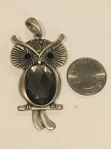 Vintage Owl Brooch Rhinestones Silver Plated Mirror Black Eyes Stone Pendant - Picture 8 of 8