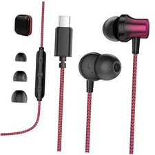USB C Wired Headphones Magnetic in Ear Type C Earbuds Mic Nylon Black Red