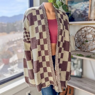 Veveret, Cozy Block Checkered Cream and Brown Oversized Cardigan, Women's Large