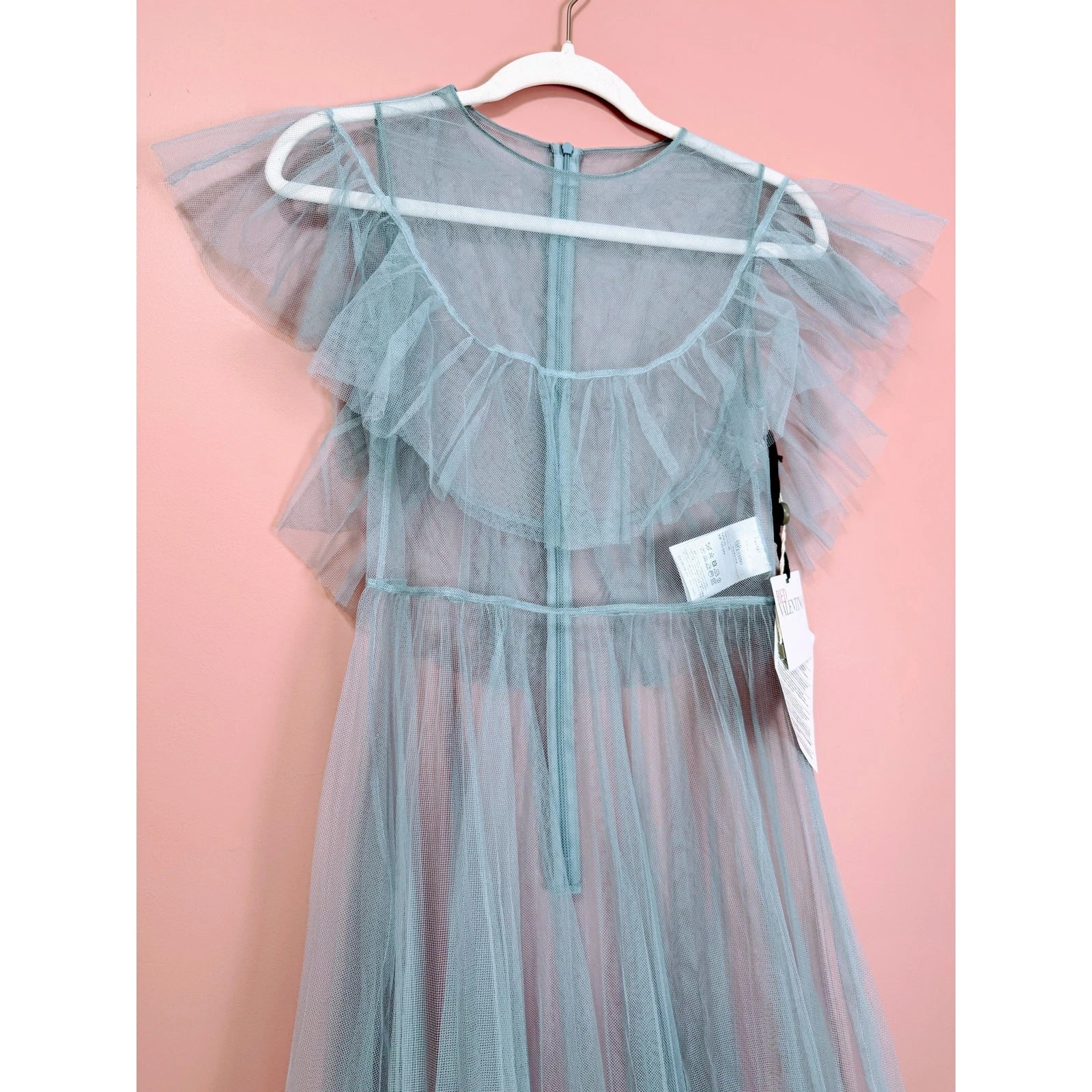 ROSSO Valentino Mini Abito Soprabito in Tulle con Ruffle Blu Taglia 40 Small