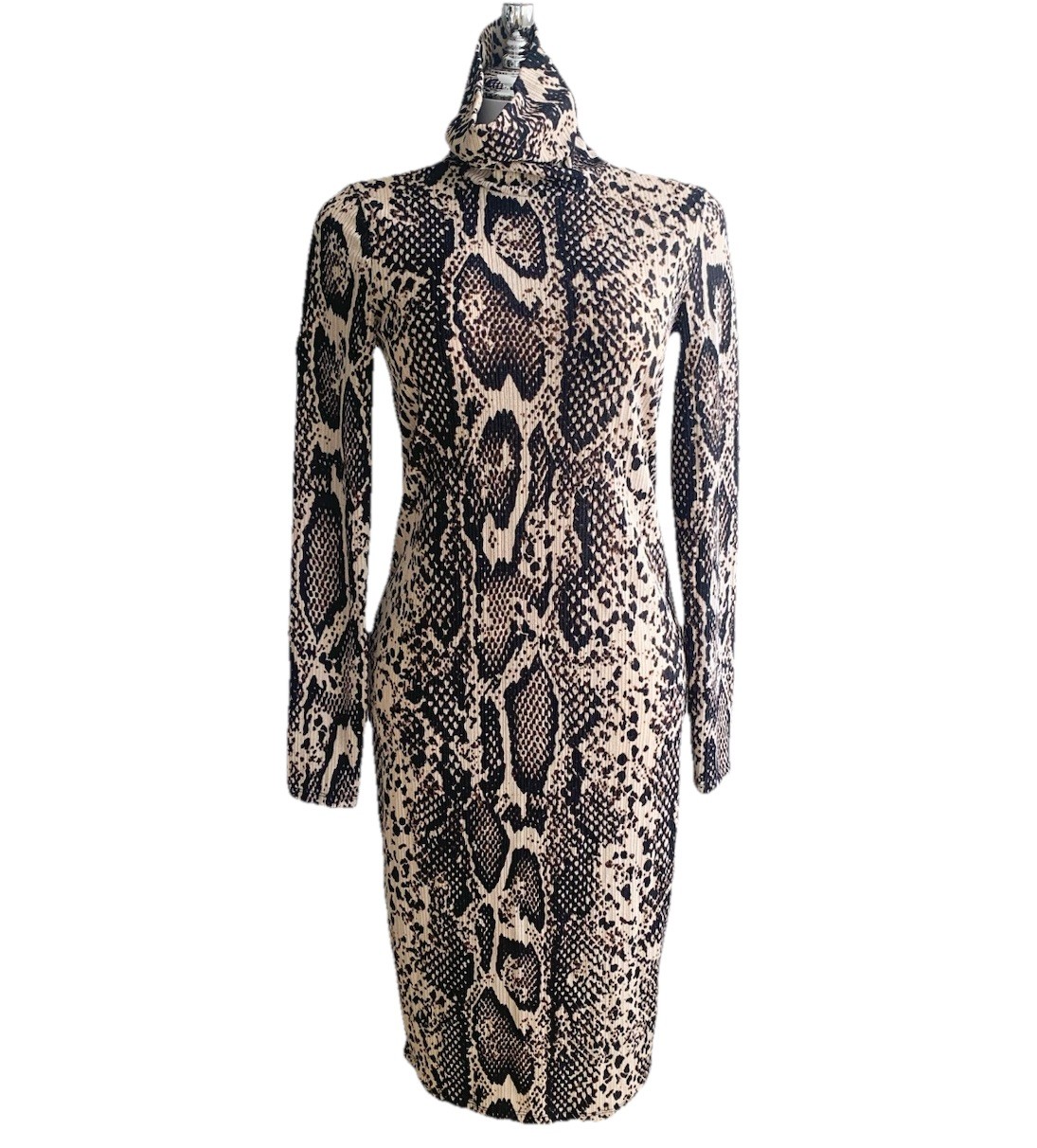 ZARA Snake Print Turtleneck Bodycon Midi Dress Ribbed Stretch XS/S