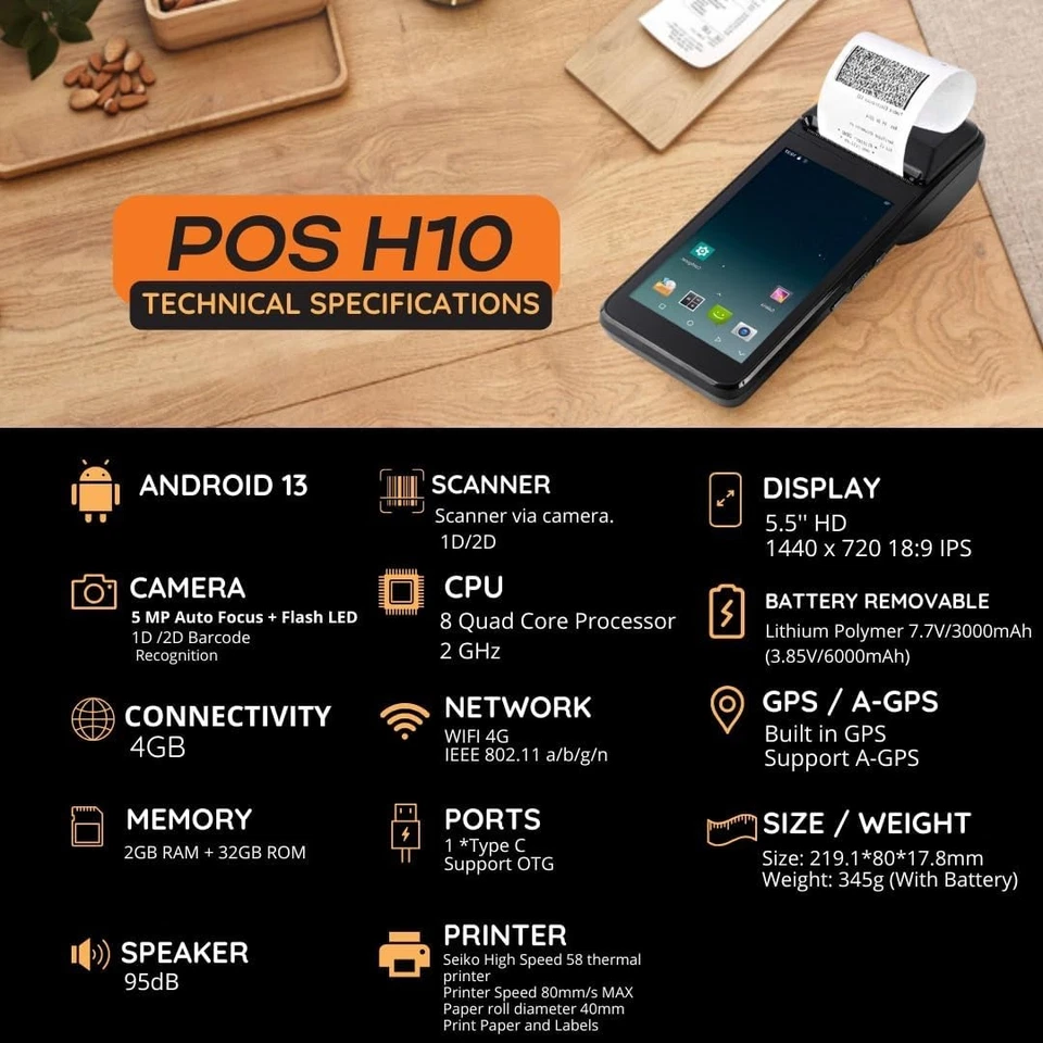 POS Android 13 PDA Receipt Printer 58mm High Speed Thermal Printer 5.5’ Touch Sc - Image 2 of 4