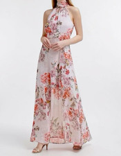 Eliza J Floral Halter Neck Slim Maxi Dress Sz 10 Blush Pink Coral Floral Chiffon