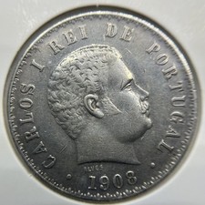 1908 Portugal 500 Five Hundred Reis Silver Coin - Very Fine - Charles I