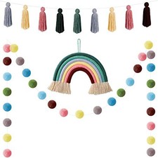 3 Pcs Boho Tassel Garland Boho Rainbow Pom Pom Garland Soft Rainbow Colors