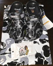 Crocs BAPE Men's Classic Clog Sandals Black Gray Camo Logo Slip-On US M7-9W