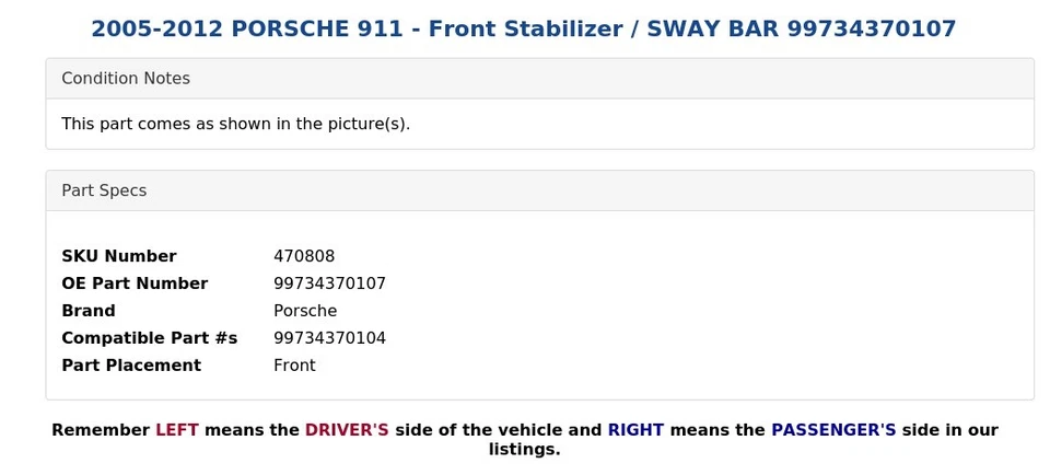 2005-2012 PORSCHE 911 - Front Stabilizer / SWAY BAR 99734370107 - Image 4 of 4