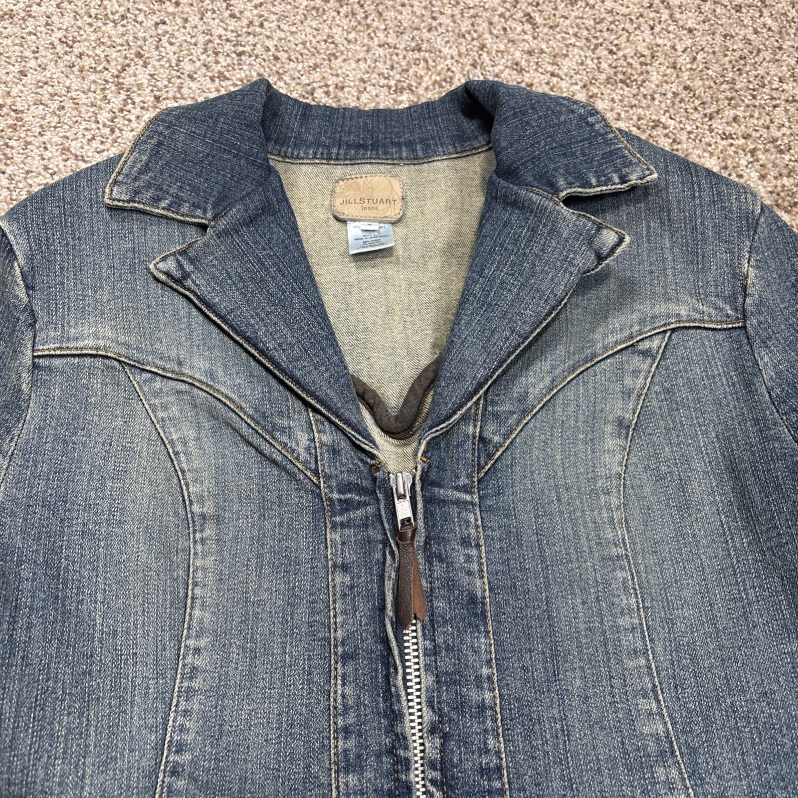 Jill Stuart Jeans Front Zip Denim Jacket Mid-Length V-Neck Blazer Size 3 - View 7