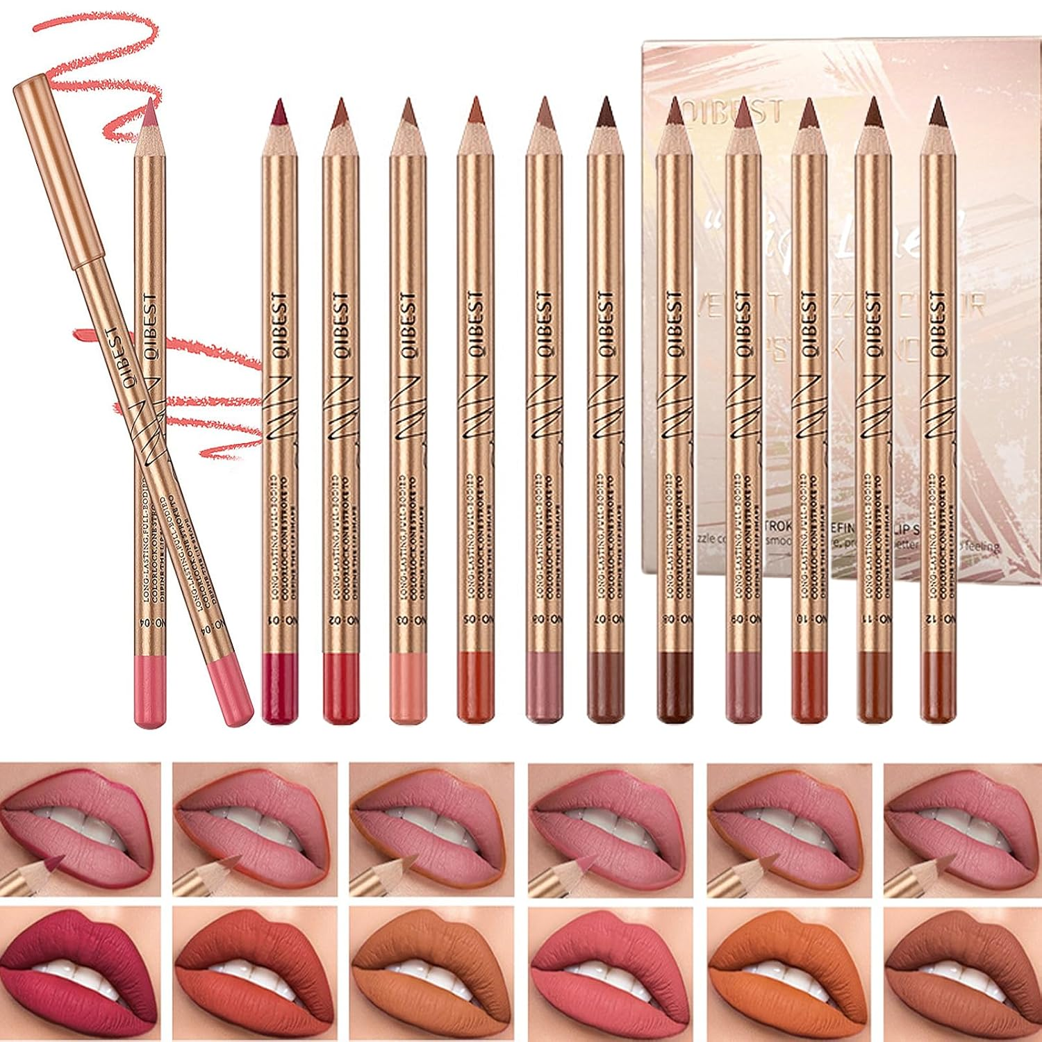 12 Colors Lip Liner Set, Brown Pink Red Series Lip Liners, Plump Nude Lip Shape