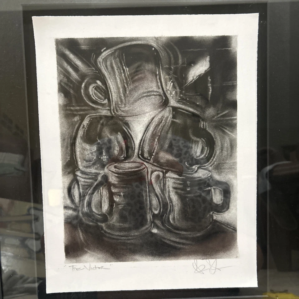 Vtg Charcoal Art wall “The Victor" signed 20x18 ORIGINAL Framed Modernist Cups - image 4 of 4
