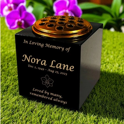 Personalised Granite Memorial Vase – Orchid 2 Design – Free Gold Engraving - Picture 1 of 6