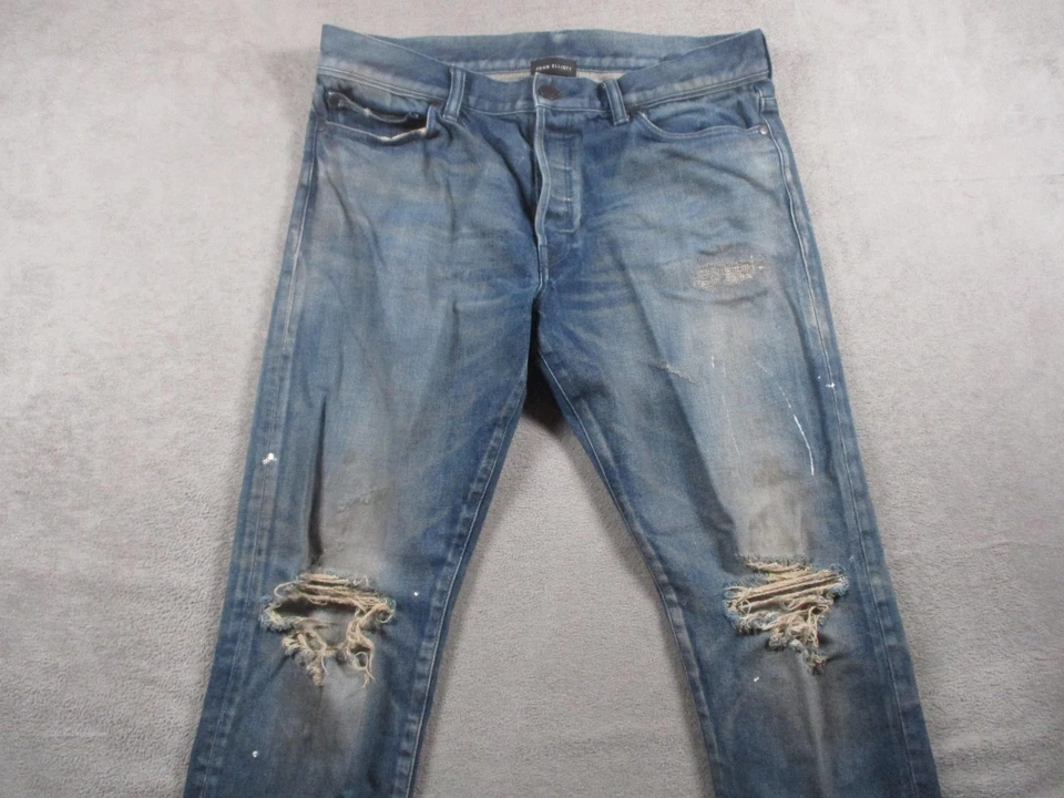 Jeans masculino John Elliott 34 azul desgastado joelhos rasgados feitos no Japão denim - Imagem 2 de 4