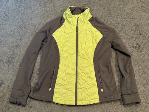 Zella Jacke Damen XL gelb grau gesteppt durchgehender Reißverschluss Reißverschlusstaschen wattiert