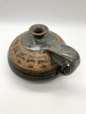 Studio Art Pottery Stoneware Weed Pot Bud Vase W/ Handle Blue/Green Brown Signed
