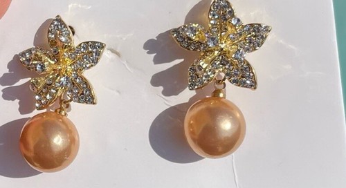 Rose Gold Pearl Flower Dangle Earrings for Women Silver Needle Full Rhinestone - Picture 6 of 10