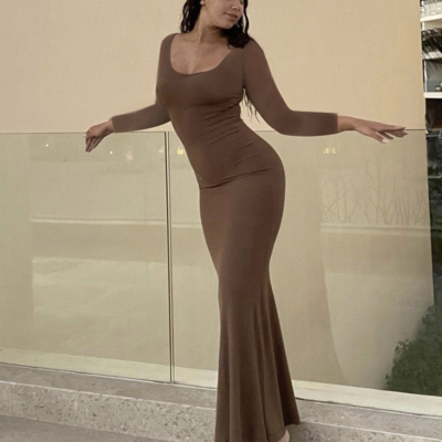 Lady Long Sleeve Bodycon Maxi Long Dress Slim Sexy Elegant Fishtail Dress  Casual
