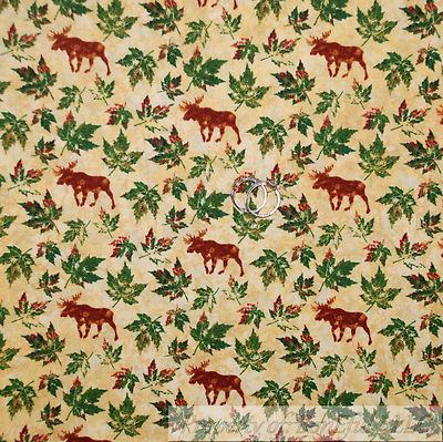 BonEful Fabric FQ Cotton Quilt Gold Fall Maple Leaf Green Brown Moose Cabin SALE