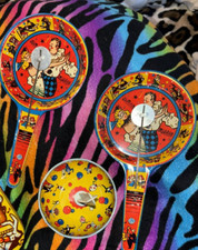 3  Vtg Metal Noise Makers 2 Pie Pan Clapper  Dancers ,1 bell 1 spinner