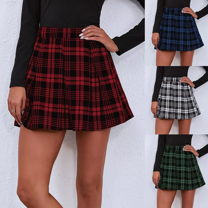 Women High Waist Plaid Pleated Casual Tennis Style Girl Skater Mini Skater Skirt