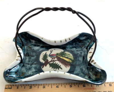 Hand Painted Ceramic Peacock Candy Dish with Wire Handle Vintage