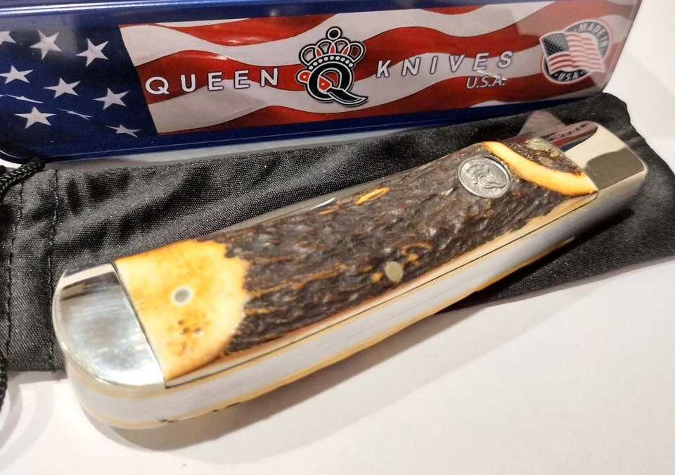 Queen USA Genuine Stag Bone Handle 2 Blade Trapper Folding Pocket Knife QGSH206L - Image 4 of 4