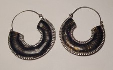 ANCIENS BIJOUX BOUCLES  D'OREILLES CREOLES MÉTAL ARGENTÉ ÉMAILLÉ VERT OLIVE # D1