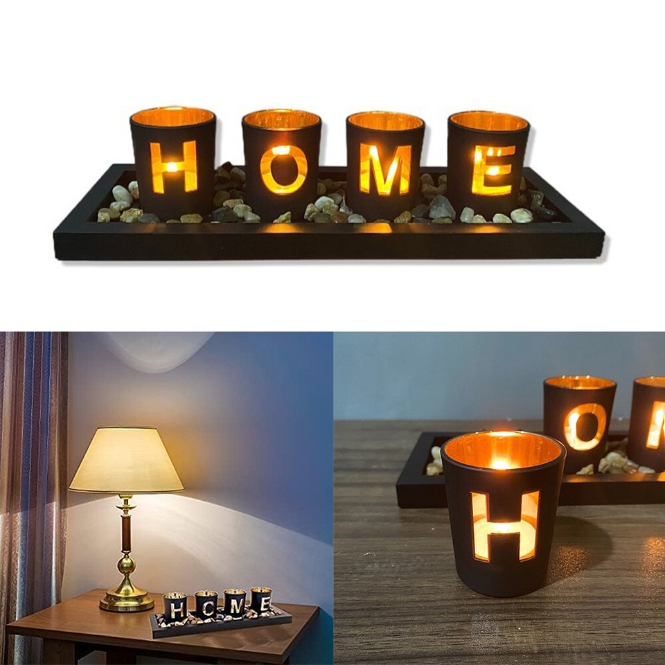 Creative Black Hollow Candlestick Set Stylish HOME Wooden Letters