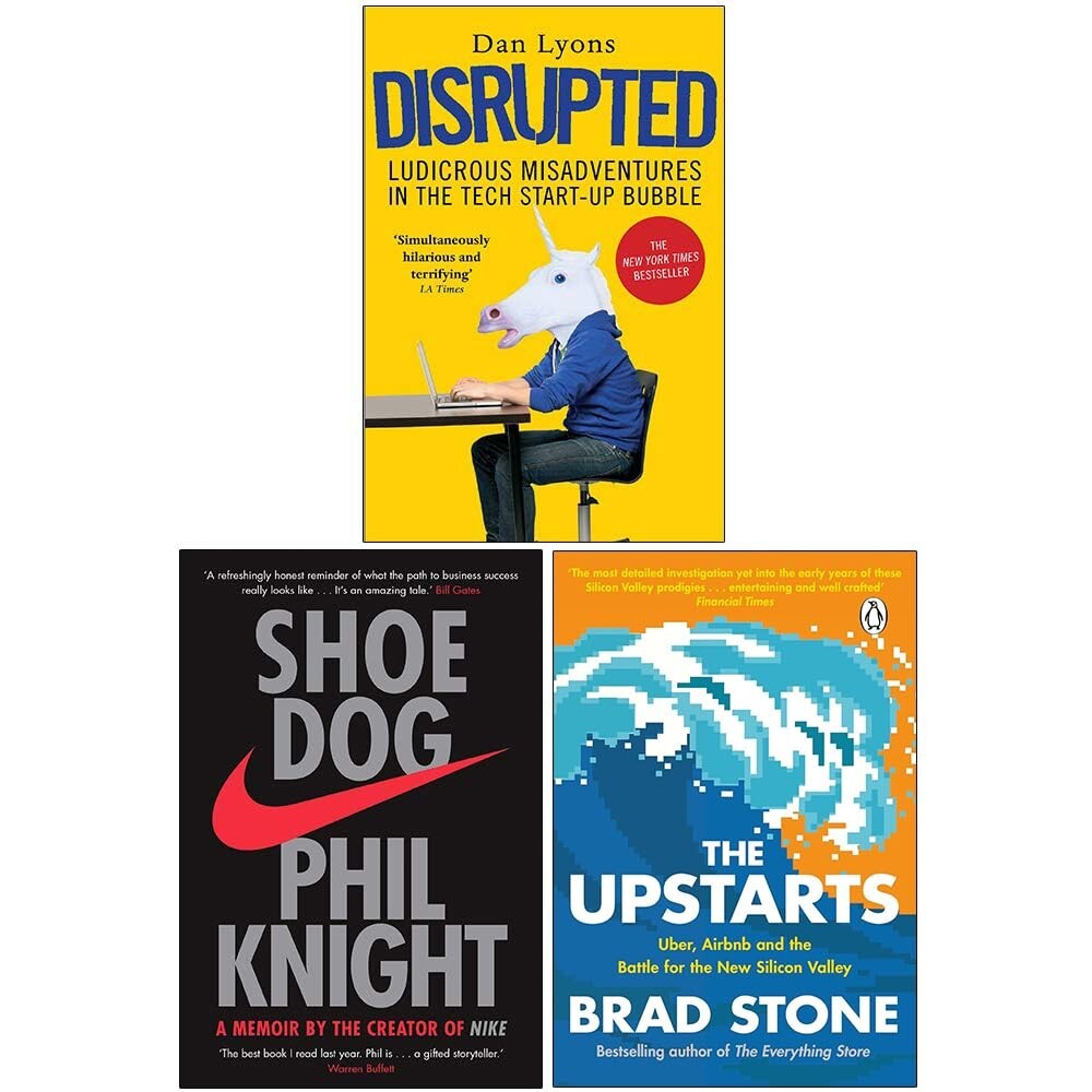 Upstarts Brad Stone, Shoe Dog, Disrupted Ludicrous 3 Books Collection Set