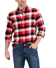 Club Room Men's Cotton Regular-Fit Plaid Flannel Shirt Bright Ruby Check-2XL