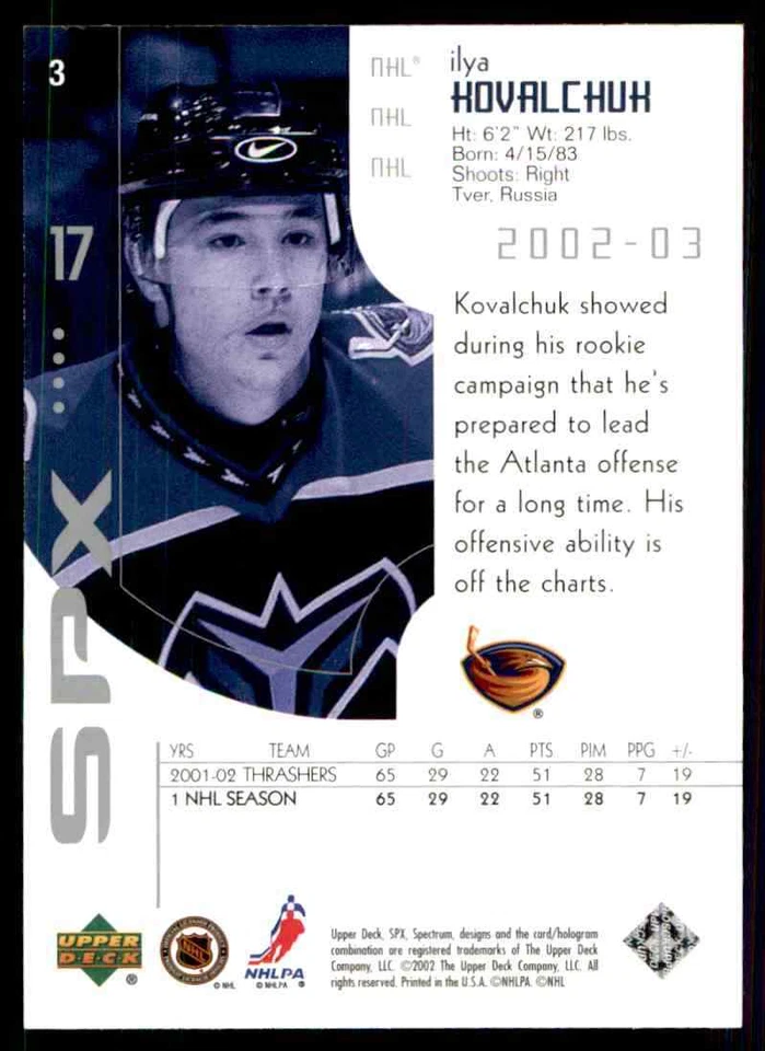 2002-03 Upper Deck SPx Ilya Kovalchuk #3 - Image 2 of 2