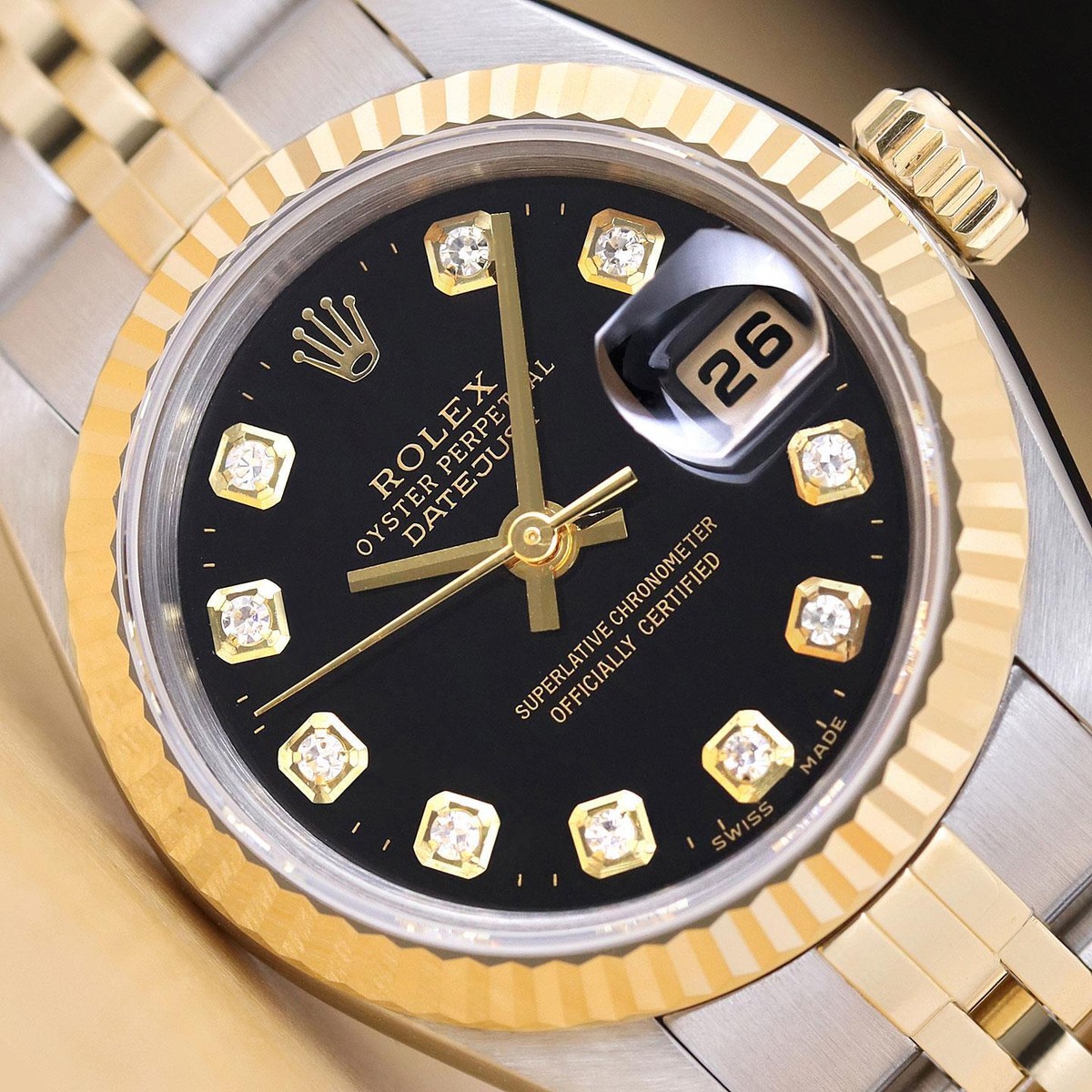 ROLEX DATEJUST 79173 8コマ ROLEX LADIES DATEJUST 79173 BLACK DIAMOND DIAL 18K GOLD STEEL TWO