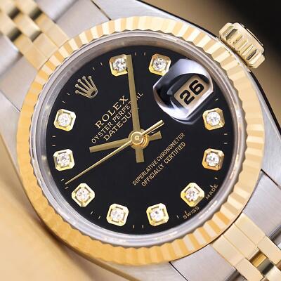 ROLEX LADIES DATEJUST 79173 BLACK DIAMOND DIAL 18K GOLD STEEL TWO