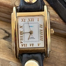 LA MER Watch Simple Black  Washed Leather 23” Wrap Gold Rectangular White Dial