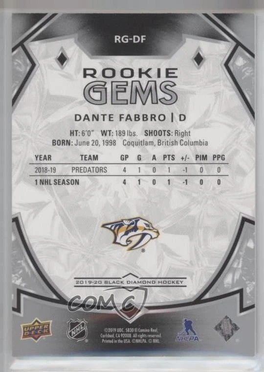 2019-20 Upper Deck Black Diamond Rookie Gems /399 Dante Fabbro #RG-DF RC - Image 2 of 2