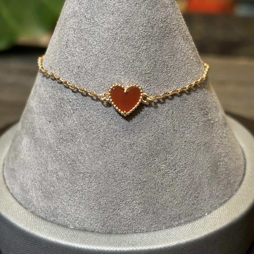 Red Glass Mini Heart Bracelet, 18k Rose Gold Plated, Dainty Heart Charm Pendant - Image 3 of 4