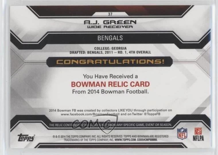 2014 Bowman Relics Blue /99 AJ Green #37 - Image 2 of 2