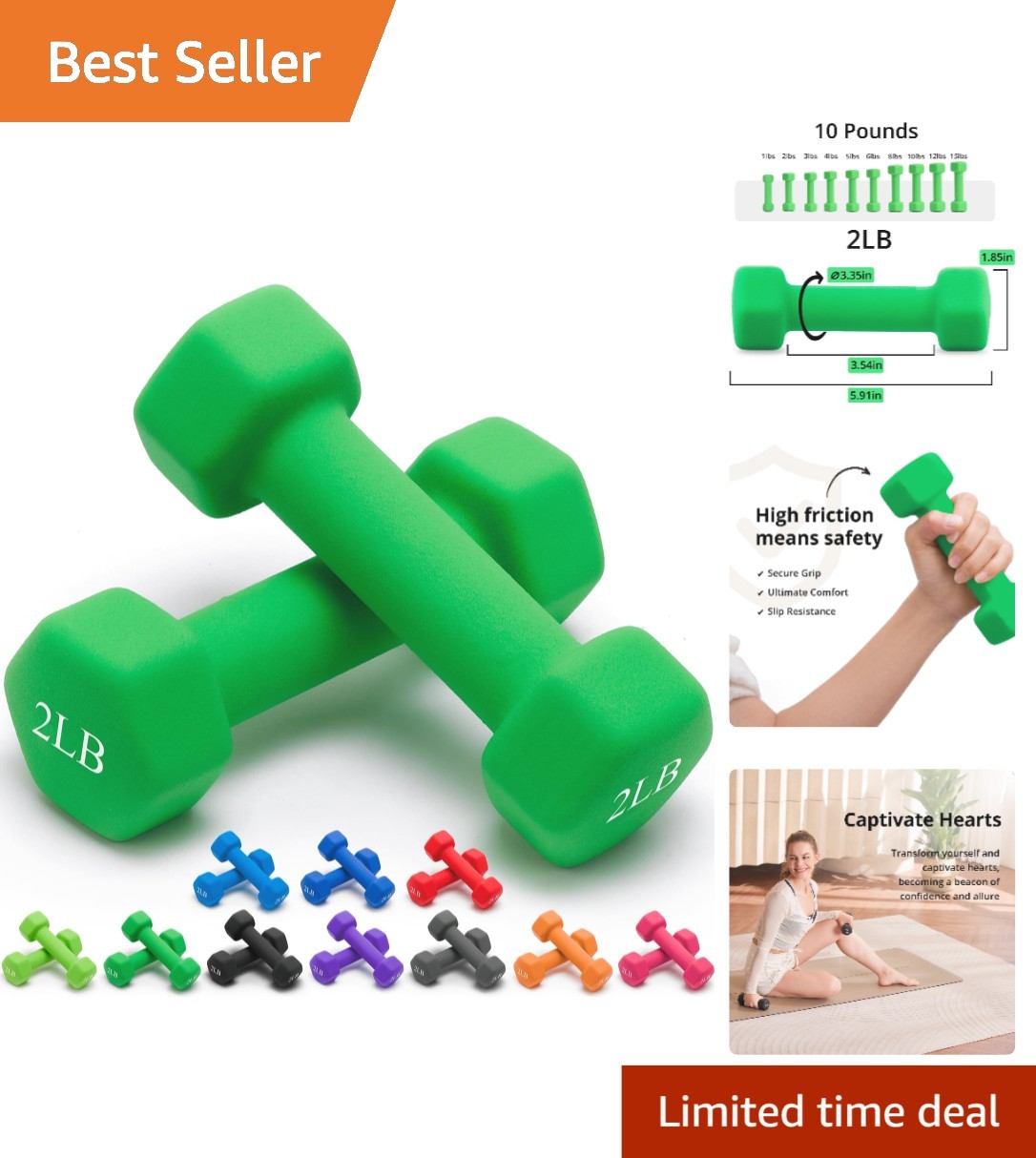 Lightweight Neoprene Dumbbell Set - 2 Pieces, 1-15 LB, Non-Slip & Compact Design