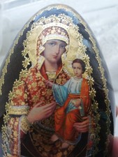 Vintage Russian Orthodox Lacquered Wooden Eggs, Madonna + Child, St Petersburg