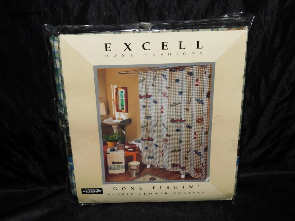 Cortina de ducha de tela de pesca Excell Gone de colección 70 x 72" carrete de canoa de pescado creel Foto 3 de 4