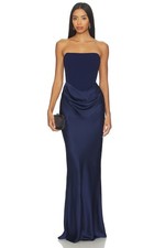 Nookie Chiara Strapless Gown Navy Blue Corset Satin Maxi Dress XL $419 NWT