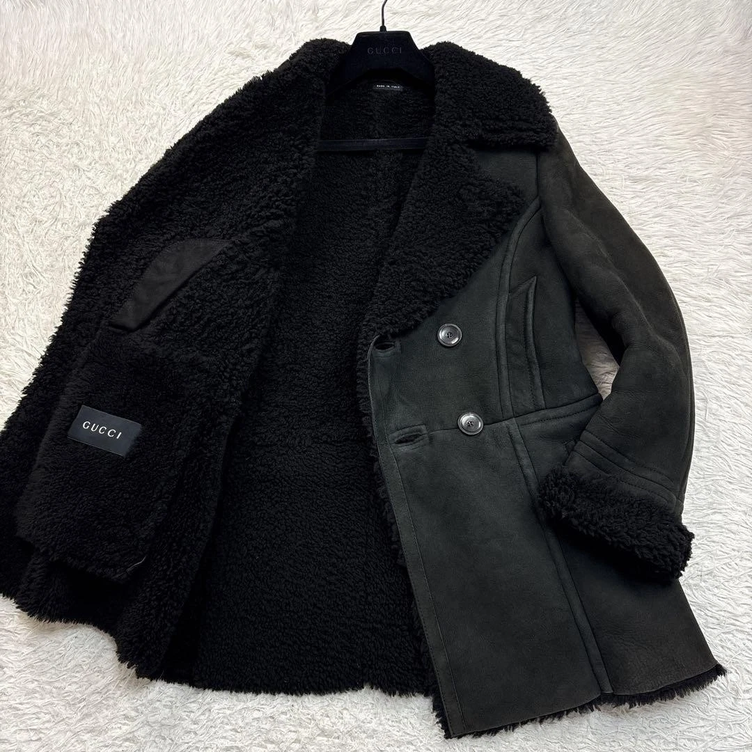 Gucci cappotto pelle di pecora uomo 46 nero grigio scuro giacca vera pelle di agnello