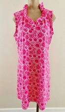 LULU B Sz Large Pink Circle Print Ruffle V-Neck Sleeveless UPF 50 Stretch Dress