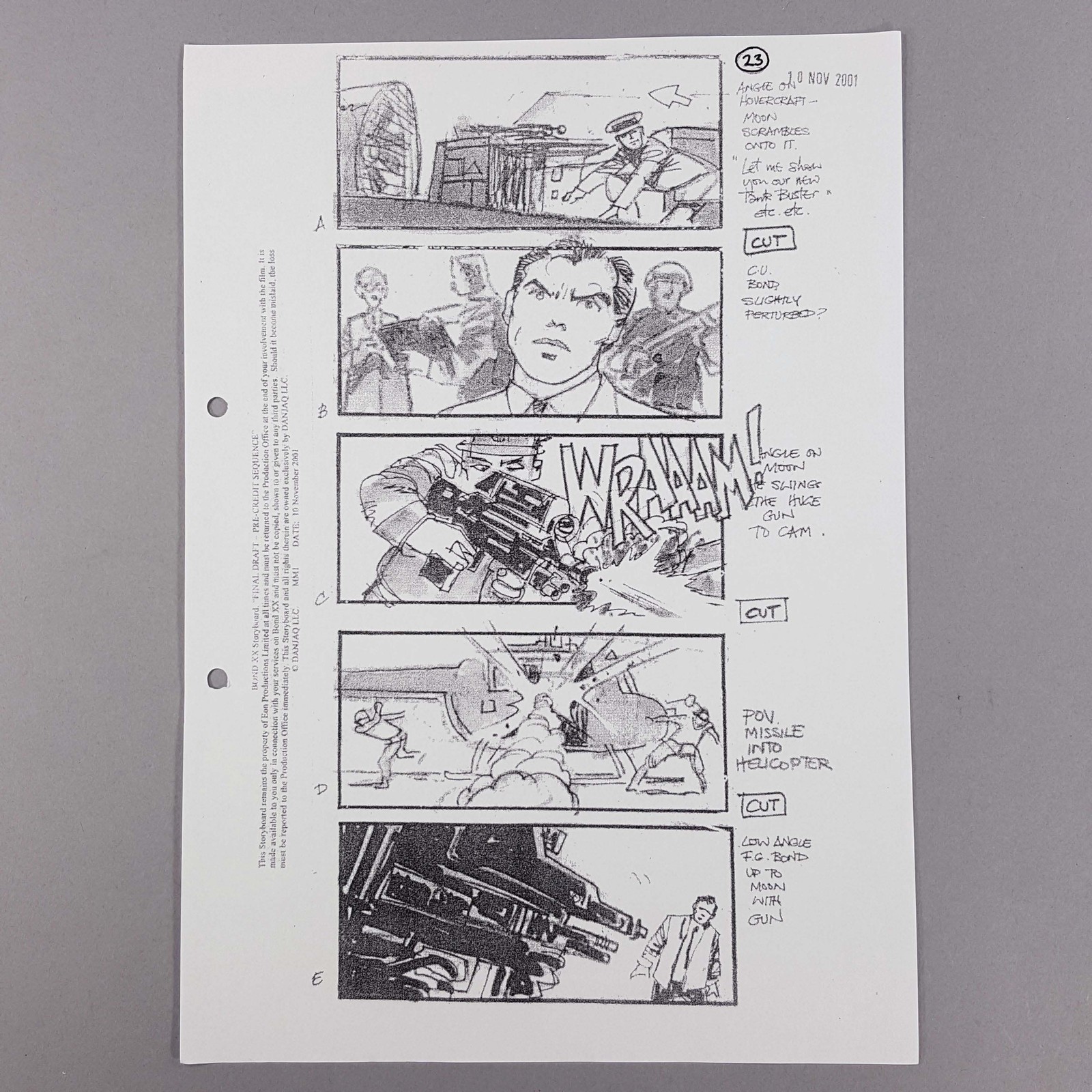 James Bond DAD Storyboard Pierce Brosnan Close Up Moon Fires Gun Movie Prop