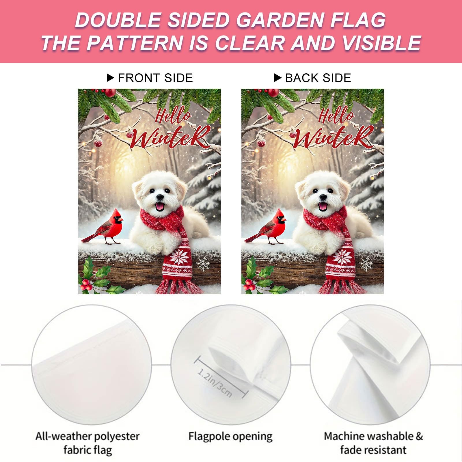 Hello Winter Garden Flag 12X18 Inch Cute Dog and Snowy Scene Christmas Garden