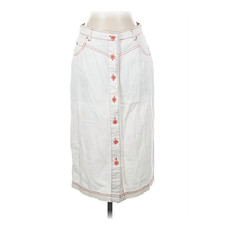Urban Outfitters White Denim Midi Skirt Button Front Pockets Red Stitch S
