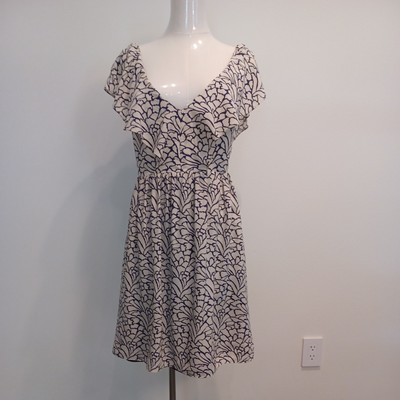 Jenny Yoo Collection Cream w/ Blue 100% Silk Fit Flare Dress 6 EUC Made in USA