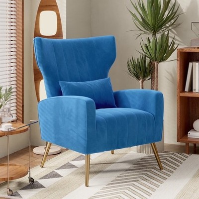 Modern Accent Upholstered Velvet Fabric Reading Chair Mid-Century Armchair Blue