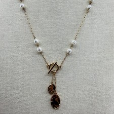 Gold Tone Chain Necklace Toggle Clasp with Pearl Accents and Dangle Charms Boho