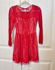 Romantic Preppy Red Floral Lace Cocktail Party Mini Dress Sheer Sleeve Small