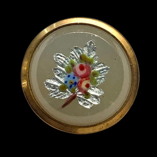 Paris Back Clambroth Glass in Metal Waistcoat Button w Floral & Silver Foil